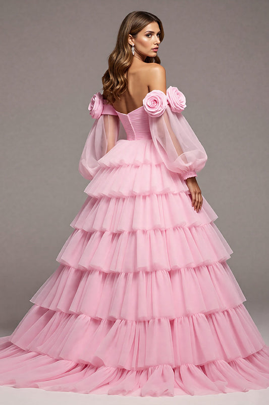 Floral Pink Tulle Ball Gown Long Prom Dress with Ruffles