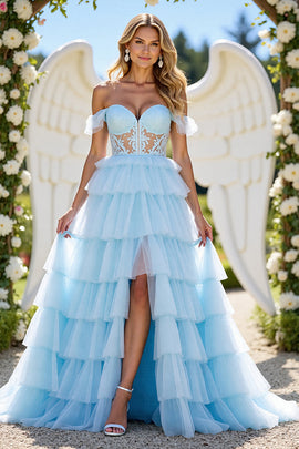 Blue A Line Tulle Tiered Off the Shoulder Long Prom Dress with Appliques