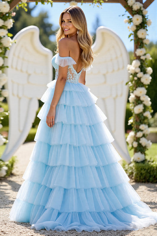 Blue A Line Tulle Tiered Off the Shoulder Long Prom Dress with Appliques