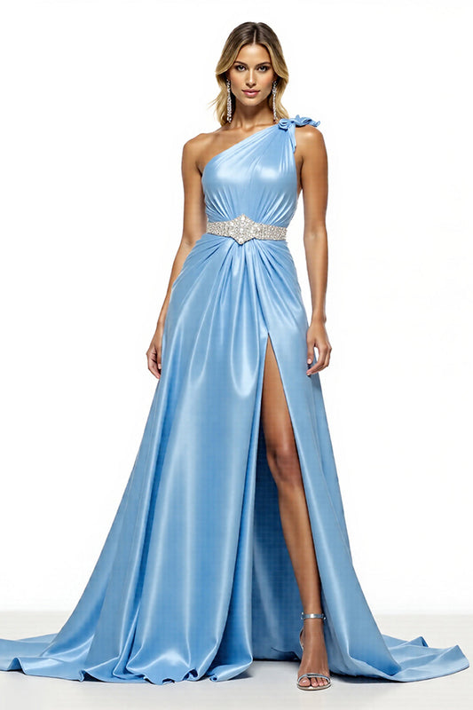 Blue Satin One Shoulder Long A Line Prom Dress with Slit