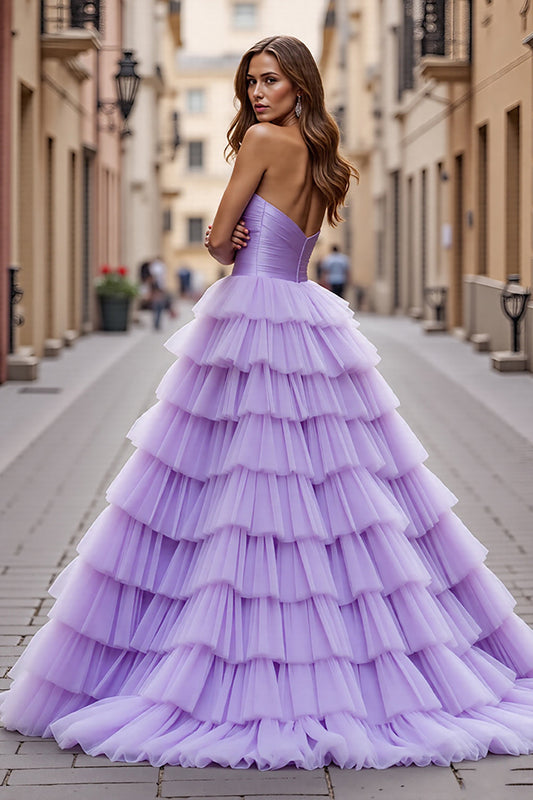 Purple Tulle A Line Strapless Long Prom Dress with Ruffles