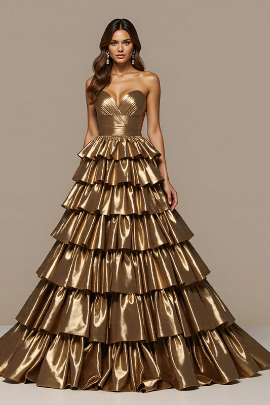 Golden Satin Ball Gown Long Strapless Prom Dress with Ruffles