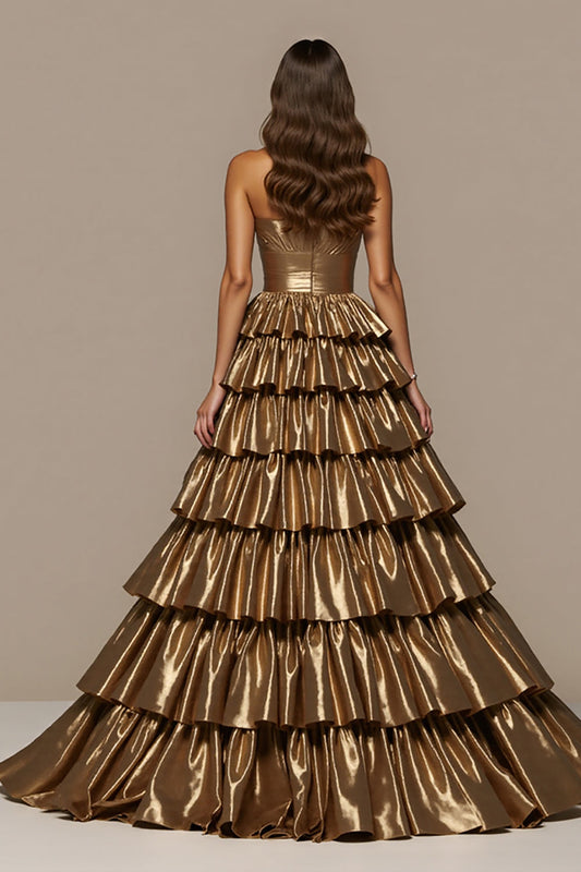 Golden Satin Ball Gown Long Strapless Prom Dress with Ruffles