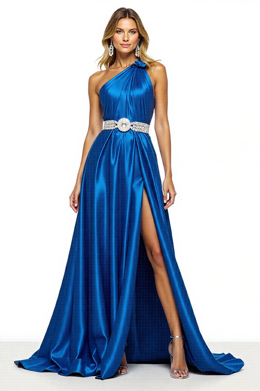 Royal Blue Satin One Shoulder A Line Long Prom Dress with Slit