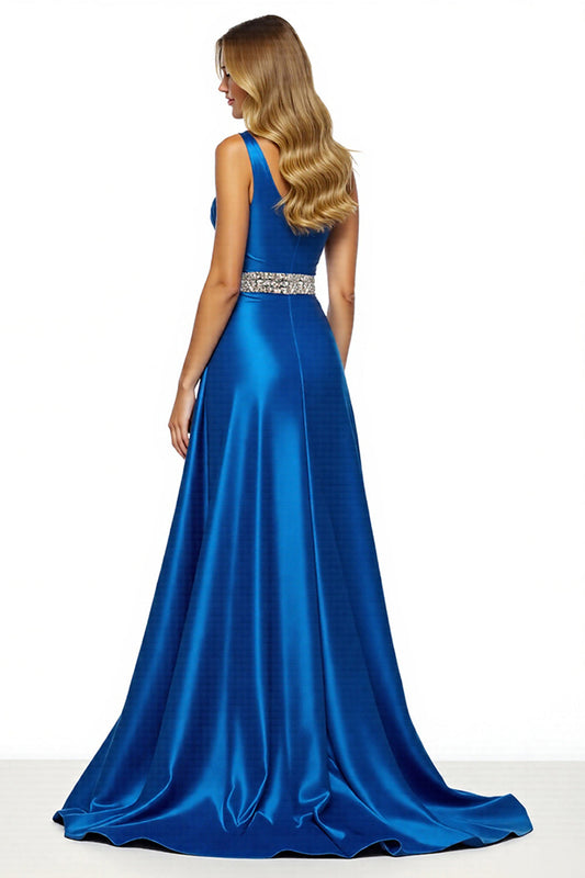 Royal Blue Satin One Shoulder A Line Long Prom Dress with Slit