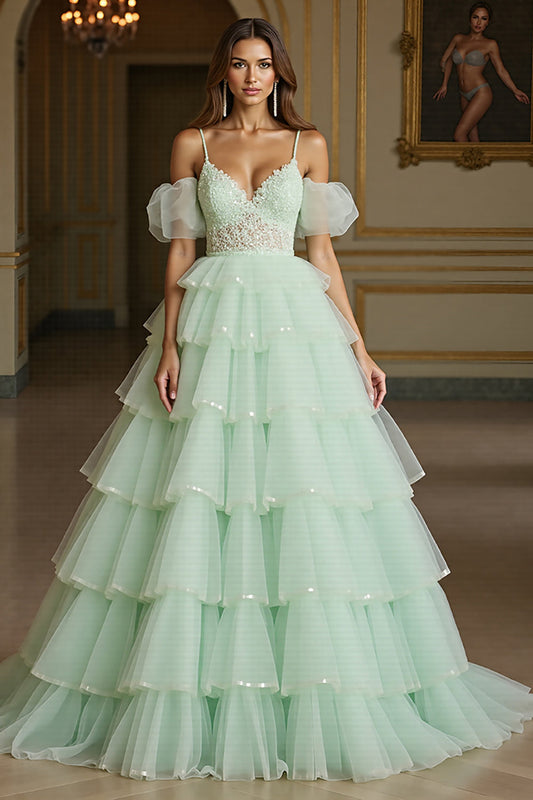 Green Tulle Ball Gown Long V-Neck Prom Dress with Appliques