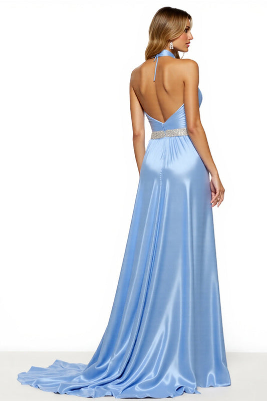 Sparkly Blue A Line Halter Long Beaded Satin Prom Dress with Slit