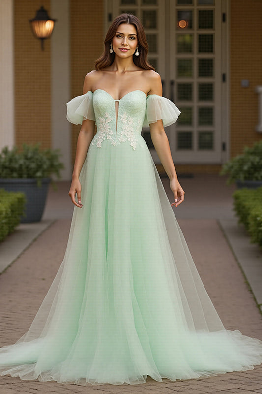 Green Tulle Off the Shoulder Long A Line Prom Dress with Appliques