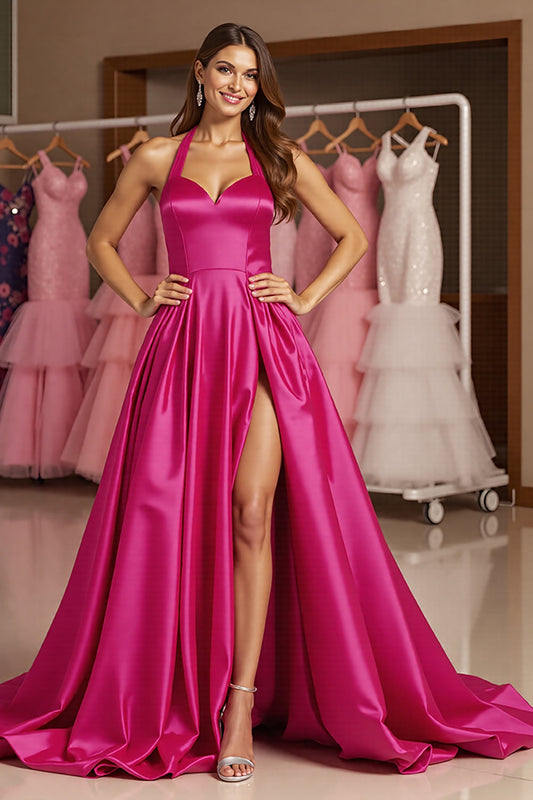 Fuchsia Satin A Line Halter Long Prom Dress with Slit
