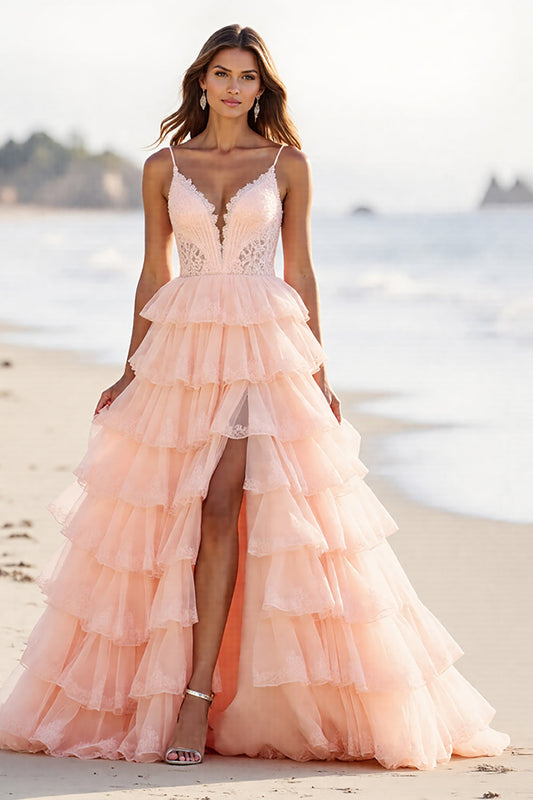 Blush Tulle A Line Spaghetti Straps Long Tiered Prom Dress with Slit