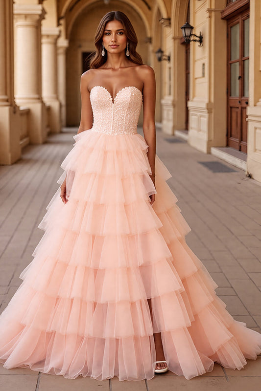 Blush Ball Gown Sweetheart Tulle Long Prom Dress with Ruffles