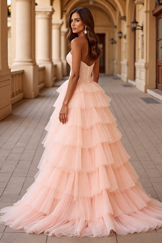 Blush Ball Gown Sweetheart Tulle Long Prom Dress with Ruffles