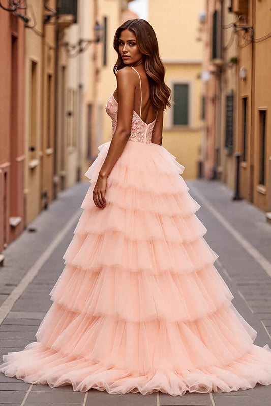 Sparkly Blush Ball Gown V-Neck Tiered Long Prom Dress with Slit