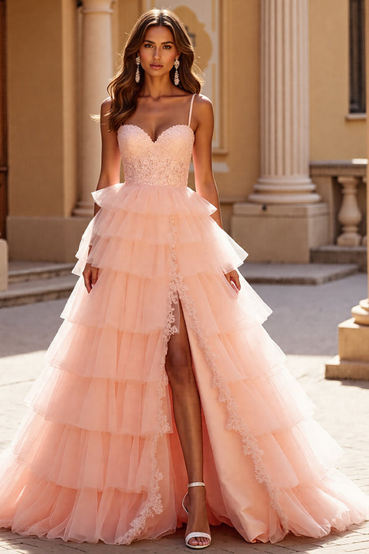 Blush A Line Tulle Long Tiered Prom Dress with Appliques
