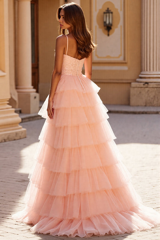 Blush A Line Tulle Long Tiered Prom Dress with Appliques