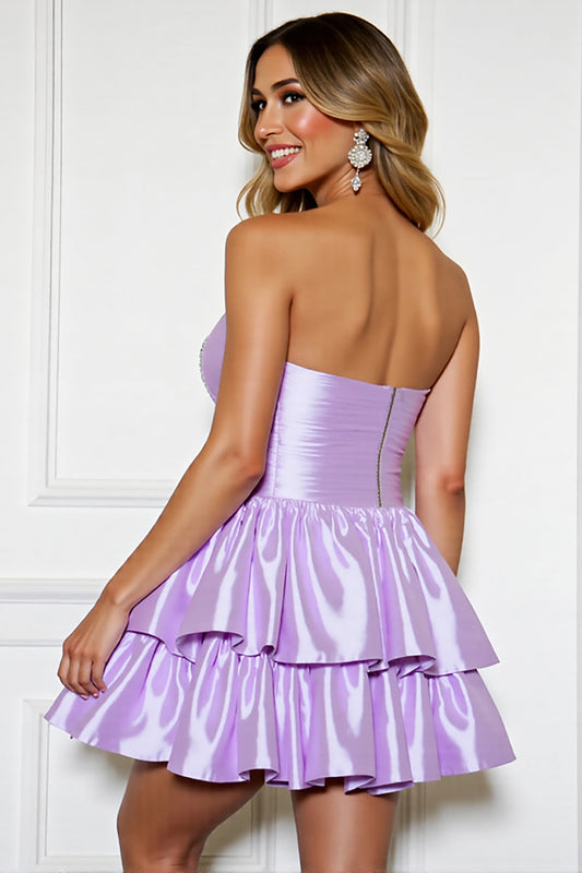 Lilac Satin A Line Strapless Tiered Short Homecoming Dress