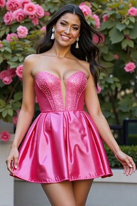 Sparkly Fuchsia Corset Satin A Line Short Homecoming Dress with Beading