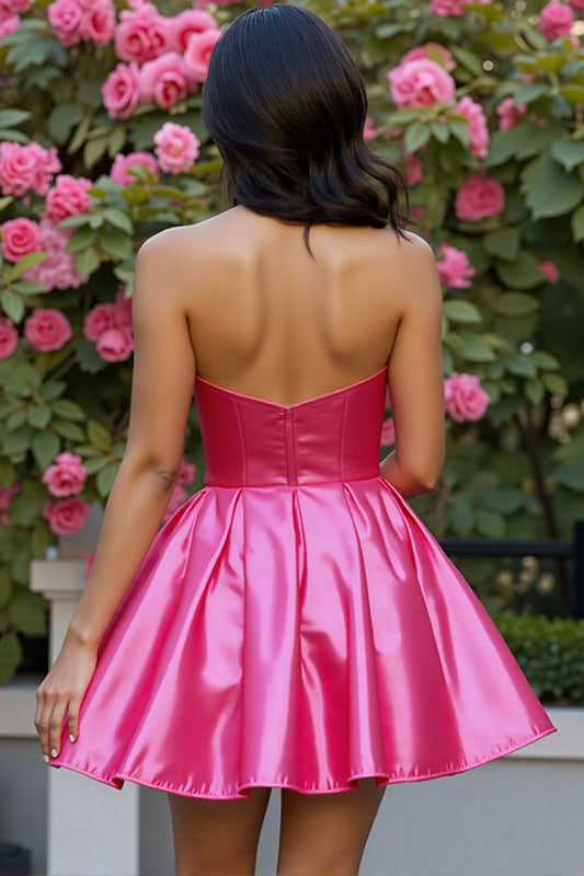 Sparkly Fuchsia Corset Satin A Line Short Homecoming Dress with Beading