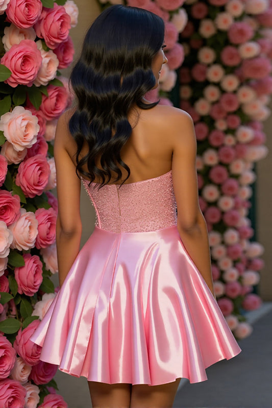 Sparkly Pink A Line Corset Satin Strapless Short Homecoming Dress