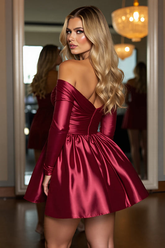 Sparkly Burgundy A Line Short Satin Homecoming Dress with Beading