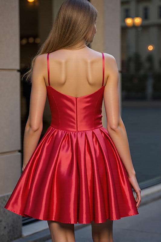 Red Satin Spaghetti Straps Short A Line Homecoming Dress