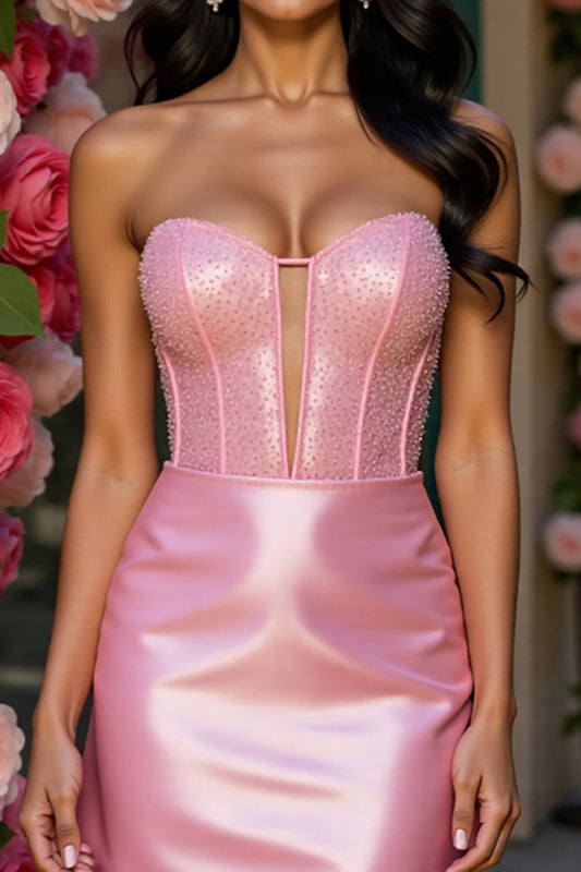 Sparkly Pink Corset Satin Strapless Short Homecoming Dress