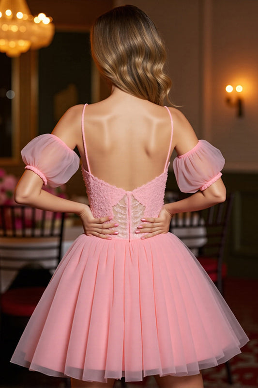Pink A Line Tulle Short Corset Homecoming Dress with Appliques