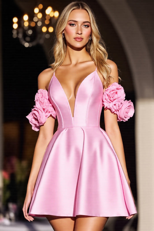 Pink Floral Corset Satin Short Homecoming Dress