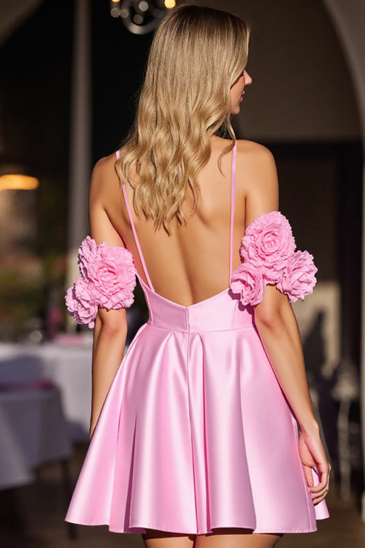 Pink Floral Corset Satin Short Homecoming Dress