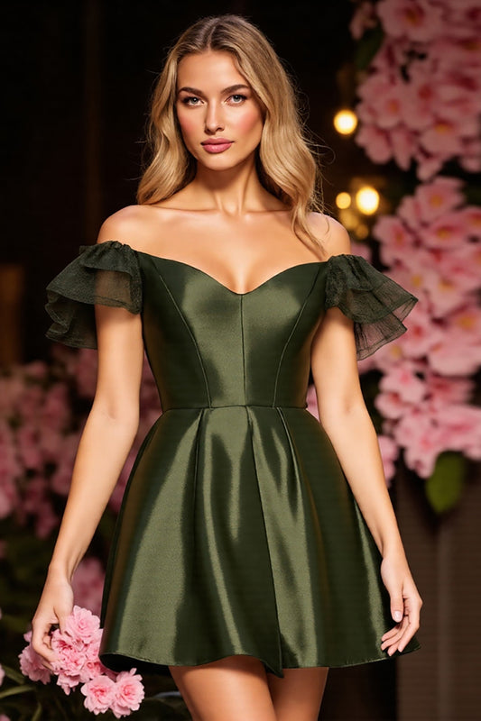 Army Green Corset Satin Short Homecoming Dress with Ruffles