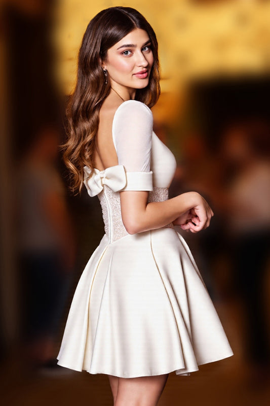 Glitter White Corset A Line Short Homecoming Dress with Bow