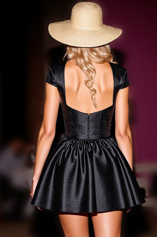 Black Corset Satin Cap Sleeves Short Homecoming Dress
