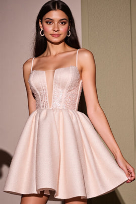 Sparkly Blush Corset Satin Short A Line Homecoming Dress with Beading