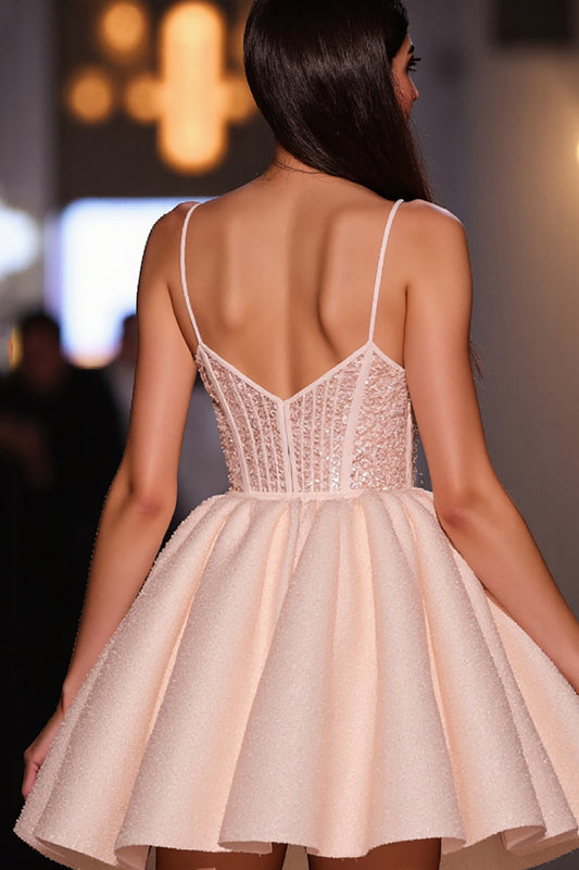 Sparkly Blush Corset Satin Short A Line Homecoming Dress with Beading