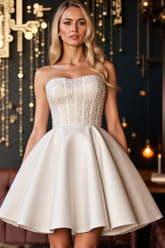 Ivory Satin A Line Strapless Short Corset Homecoming Dress with Appliques
