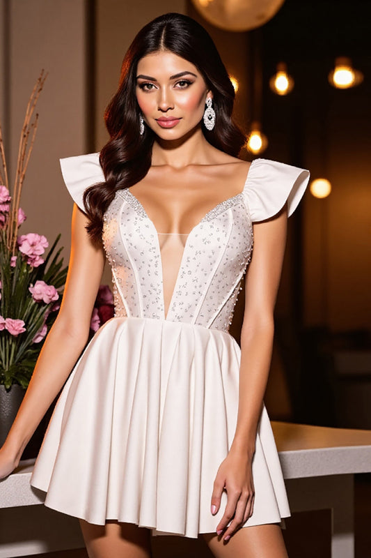 Sparkly Ivory Corset Satin A Line Short Homecoming Dress with Cap Sleeves