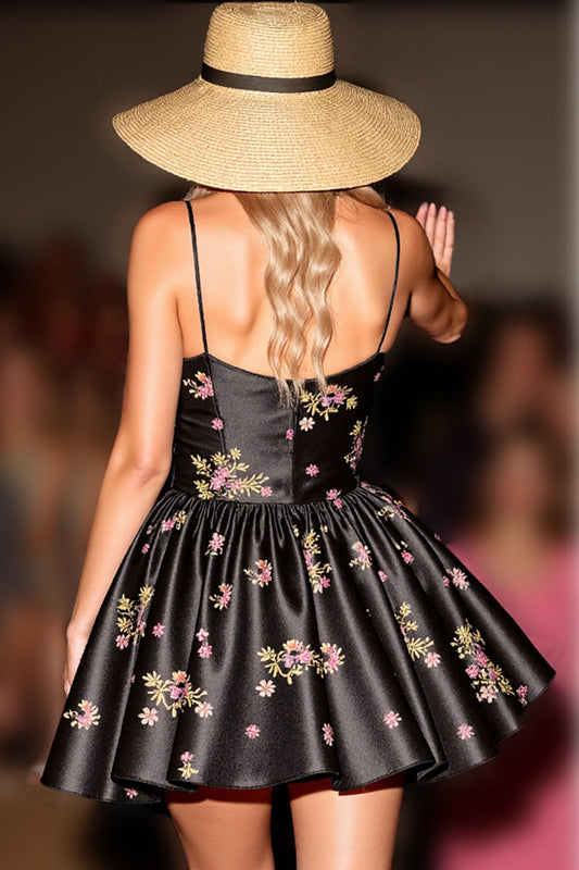 Black Satin Corset Floral A Line Short Homecoming Dress