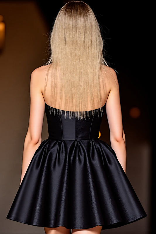 Black Satin Halter Short A Line Homecoming Dress