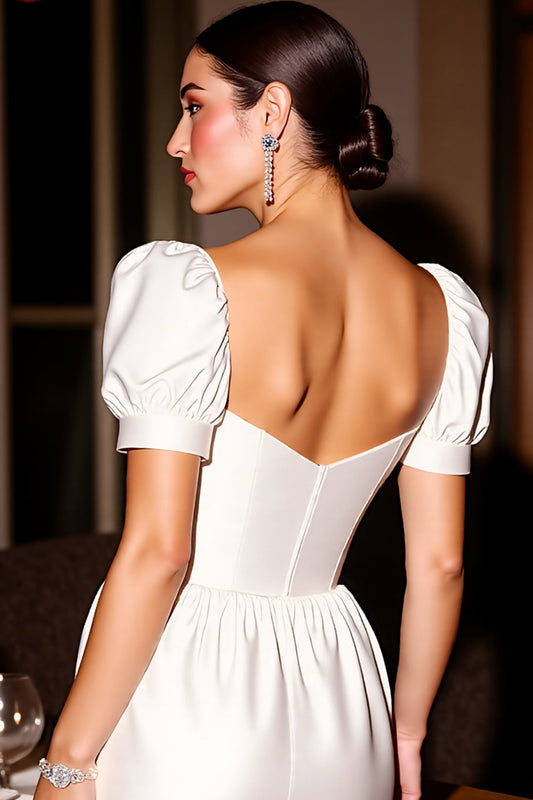 White Corset Satin Short A Line Homecoming Dress with Sleeves