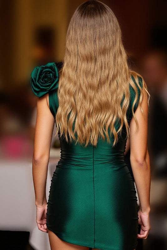 Dark Green Tight V-Neck Floral Short Satin Homecoming Dress