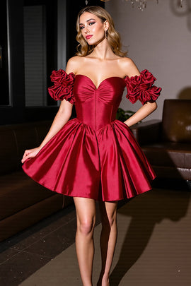 Burgundy Satin A Line Short Homecoming Dress with Ruffles