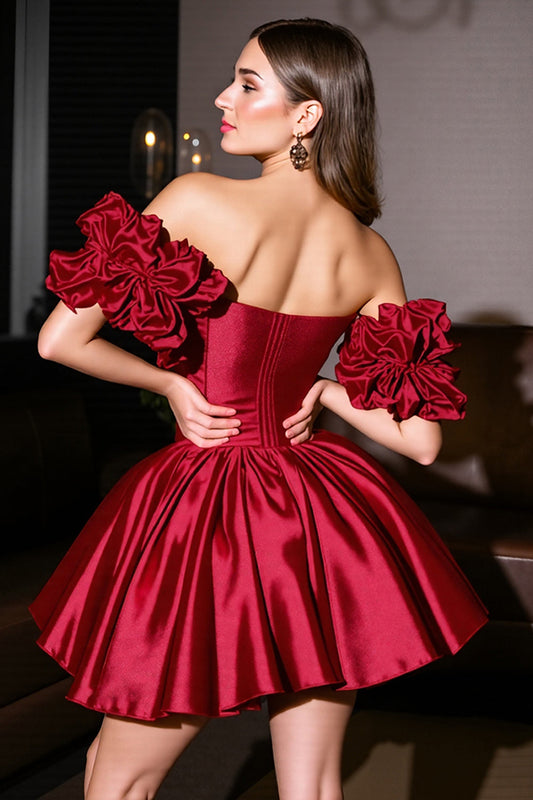 Burgundy Satin A Line Short Homecoming Dress with Ruffles