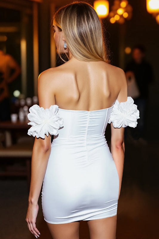 White Tight Corset Ruffled Satin Short Homecoming Dress