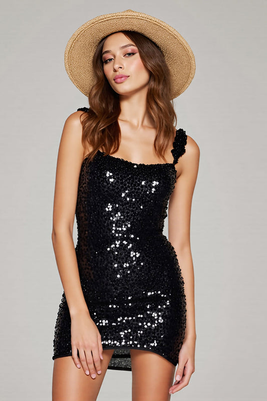 Sparkly Black Sequin Tight Short Homecoming Dress