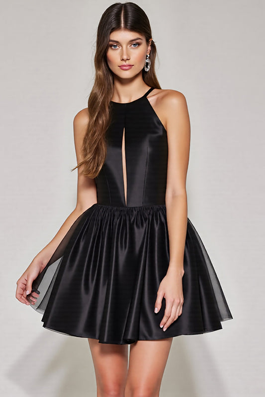 Black A Line Halter Keyhole Short Homecoming Dress