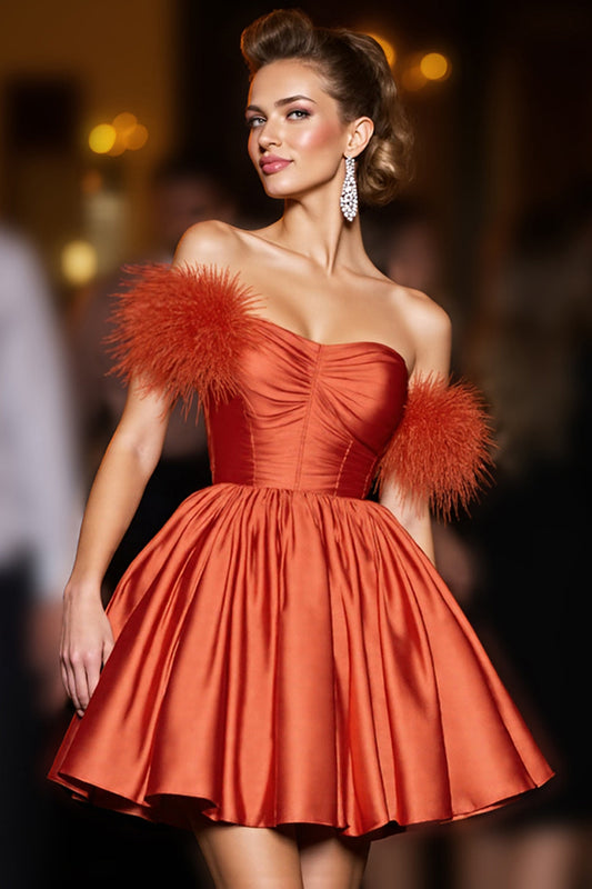 Orange Satin A Line Short Homecoming Dress with Feathers