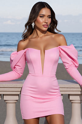Pink Corset Short Bodycon Homecoming Dress with Long Sleeves