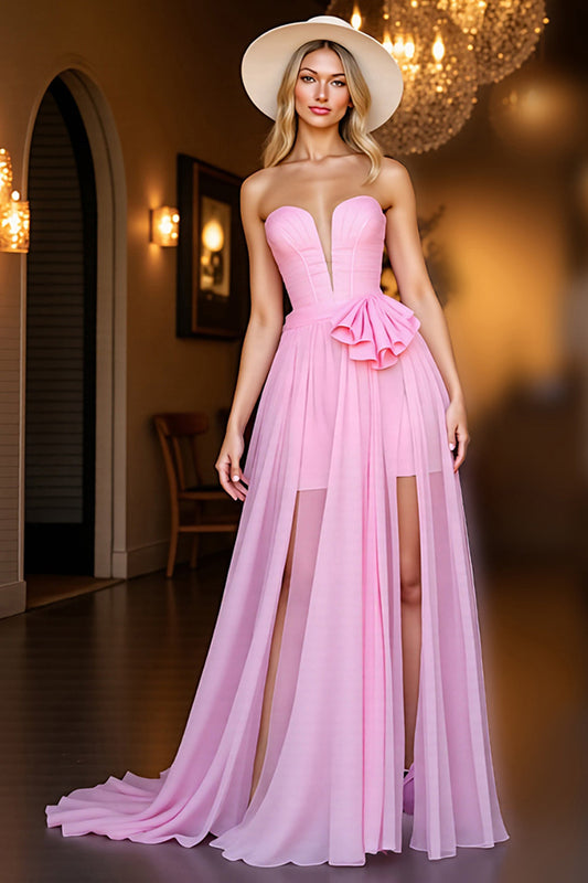 Pink Chiffon Strapless Corset Long Homecoming Dress with Ruffles