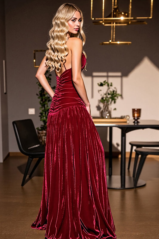 Burgundy Sheath V-Neck Ruched Long Velvet Formal Dress