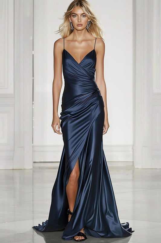Dark Blue Satin Mermaid Long Formal Dress with Slit